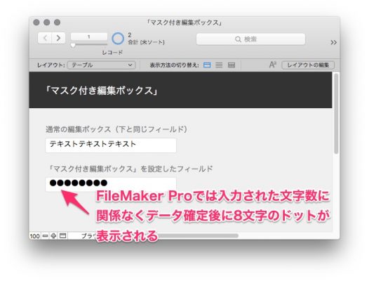 通常の編集ボックスと「マスク付き編集ボックス」のコントロールスタイルを設定したフィールド(どちらも同じフィールド)。「マスク付き編集ボックス」は表示方法が変化する